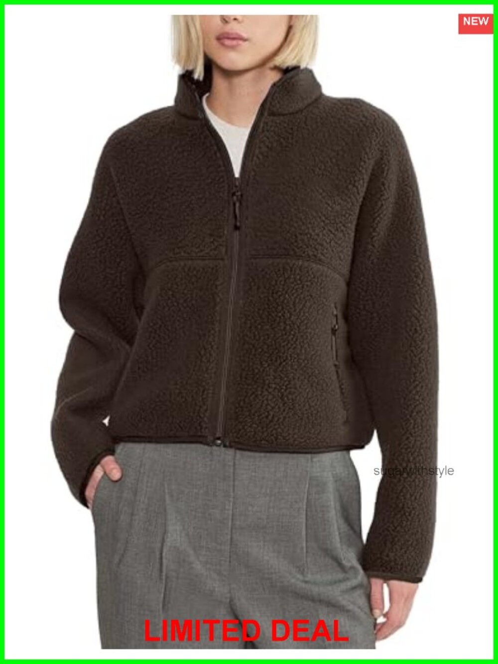 Women's Full Zip Sherpa Fleece Jacket Stand Collar Zip Pockets